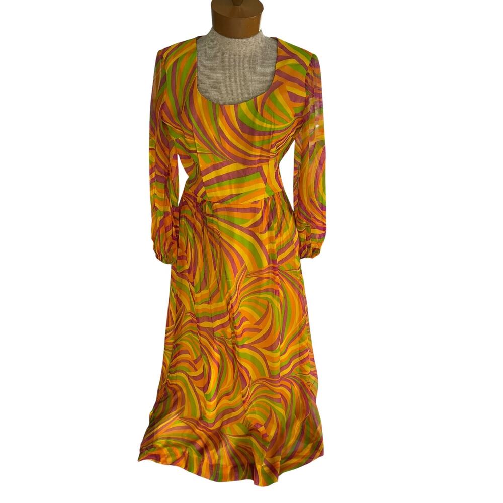 Vintage 1960s Psychedelic Womens Dress Orange Green Size Medium